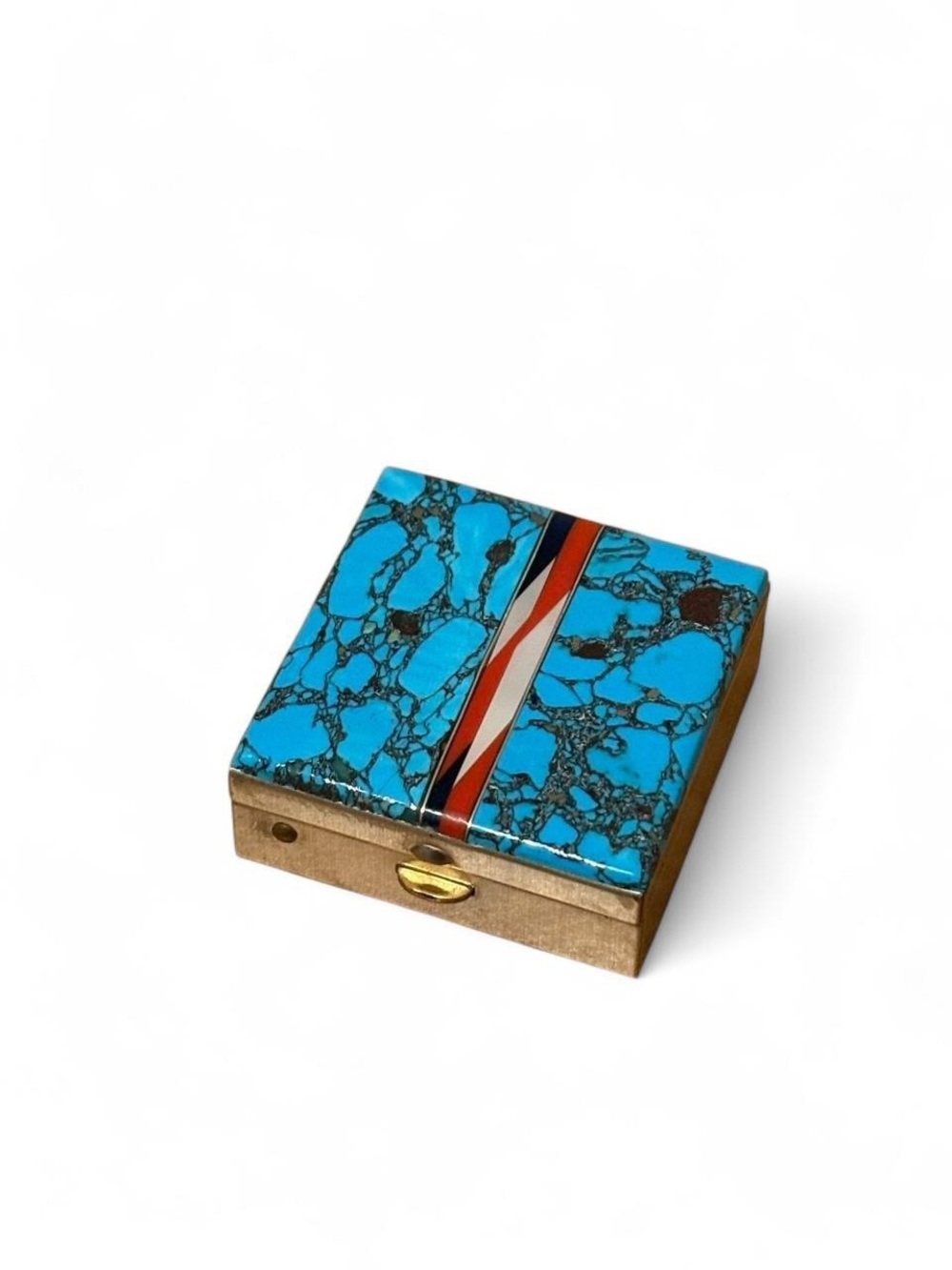 Vintage Native Turquoise Inlay Square Trinket Box with Red Stripe